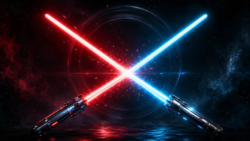 Red and blue NeoBlade LED display collectibles crossing in a futuristic scene