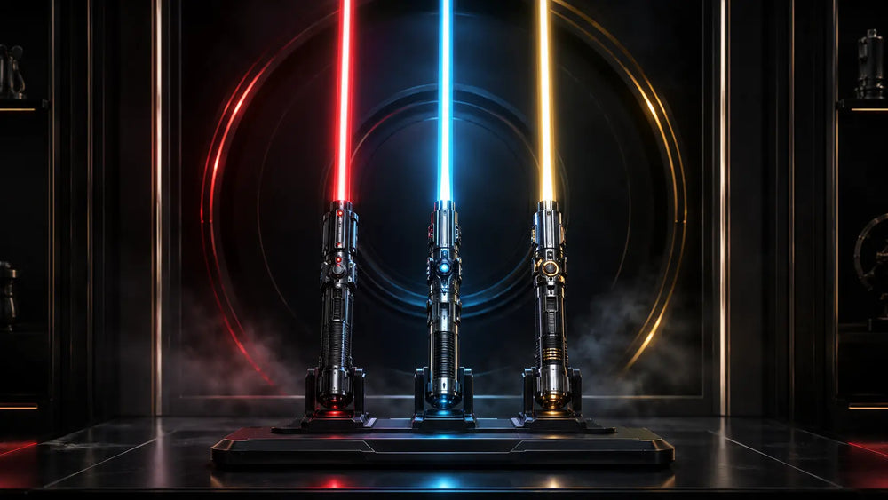 Three vertical NeoBlade LED display collectibles glowing red blue and gold
